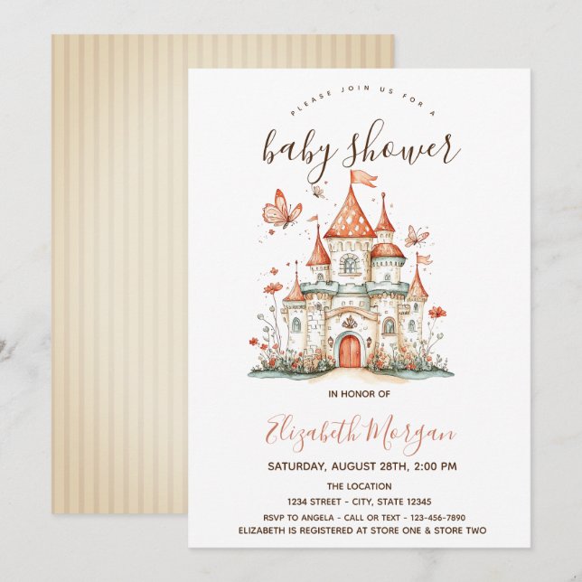 Princess Castle Butterflies Streifen Babydusche Einladung (Vorne/Hinten)