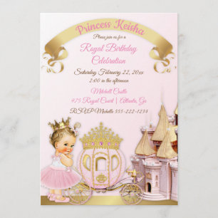 Princess Castle Carriage Pink Gold Girl Foto Einladung