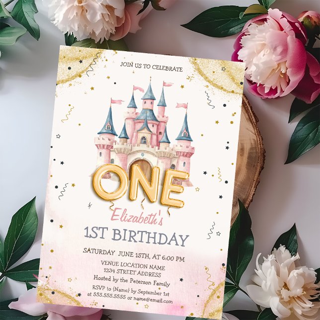 Princess Castle Confetti Watercolor 1st Birthday Einladung (Von Creator hochgeladen)