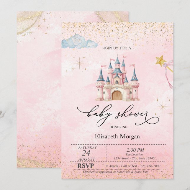 Princess Castle Gold Dust Pink Baby Shower   Einladung (Vorne/Hinten)