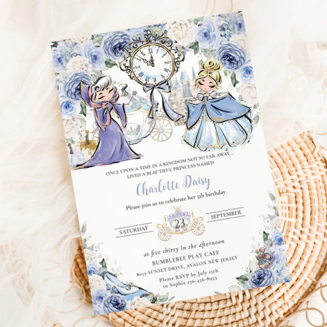 Princess Cinderella Fairytale Blue Floral Geburtst Einladung (cinderella-fairytale-princess-castle-pumpkin-carriage-blue-white-floral-birthday-invitation-card)