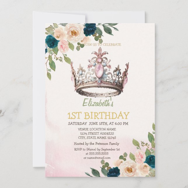 Princess Crown Blume Dots Birthday Einladung (Vorderseite)