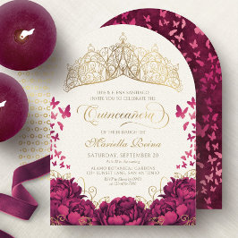 Princess Crown Burgundy Butterflies Quinceanera Einladung