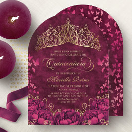 Princess Crown Burgundy Butterflies Quinceanera Einladung