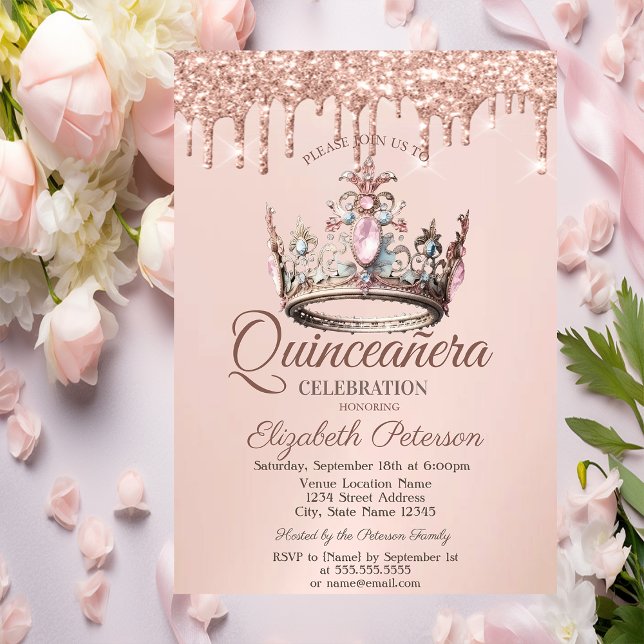 Princess Crown Castle Rose Goldene Tropfen Quincea Einladung (Von Creator hochgeladen)