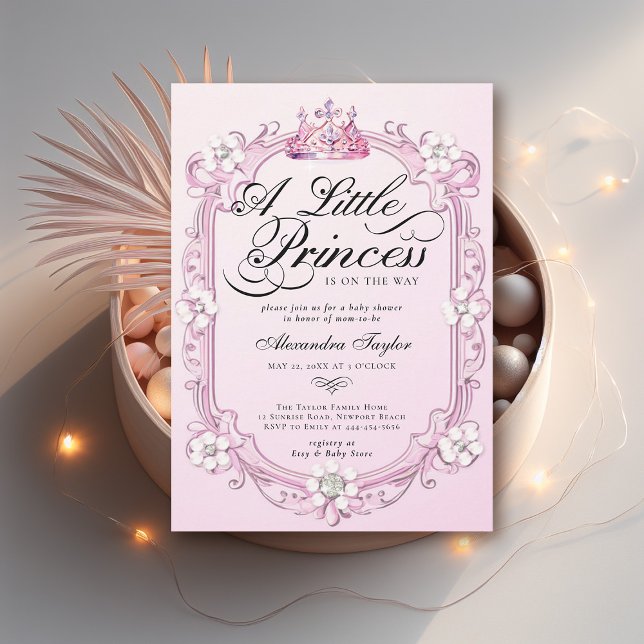 Princess Crown Diamonds Pearls Baby Girl Dusche Einladung (princess girl baby shower invitation crown diamonds pearls pink calligraphy elegant cute chic)
