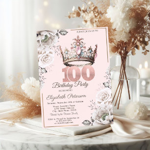 Princess Crown Floral 100. Geburtstagsparty Einladung