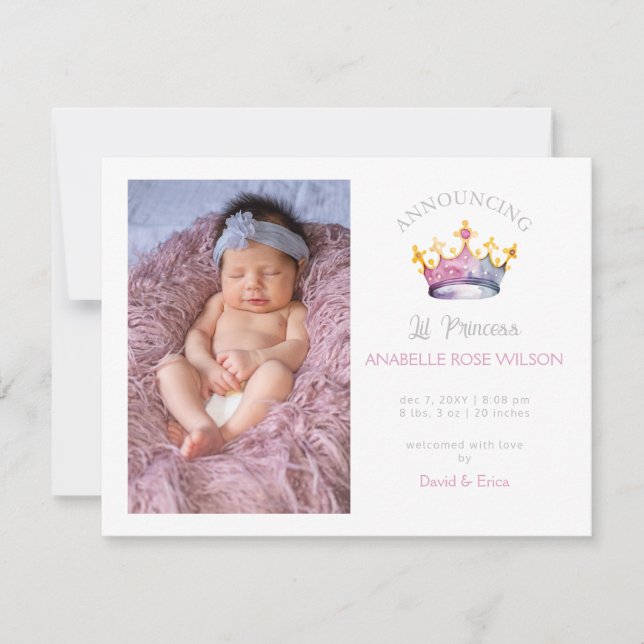 Princess Crown Girl Pink Foto Geburtsankündigung Ankündigung (Vorderseite)