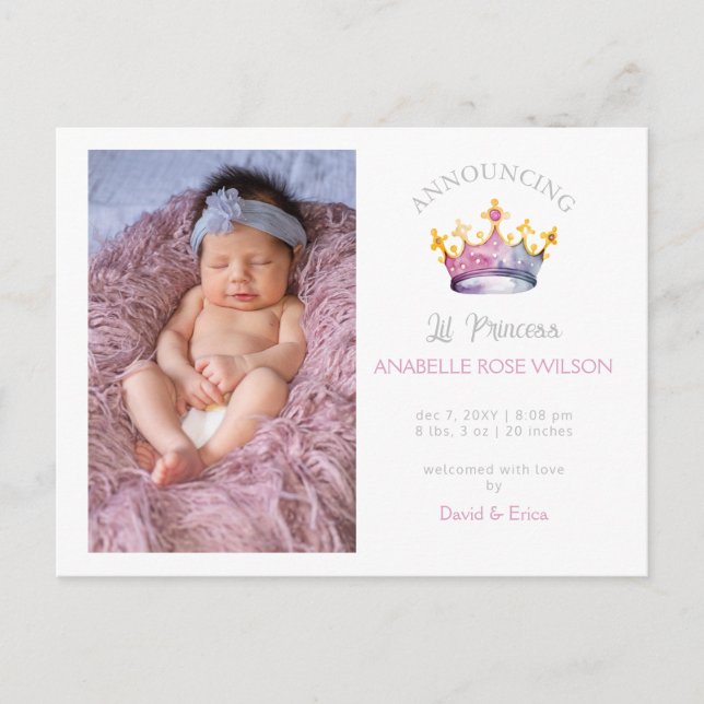 Princess Crown Girl Pink Foto Geburtsankündigung Ankündigungspostkarte (Vorderseite)