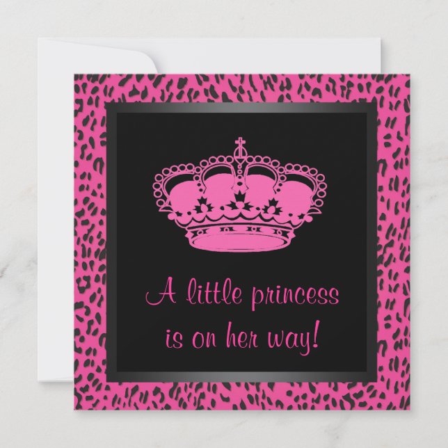 Princess Crown Hot Pink Leopard Baby Girl Dusche Einladung (Vorderseite)