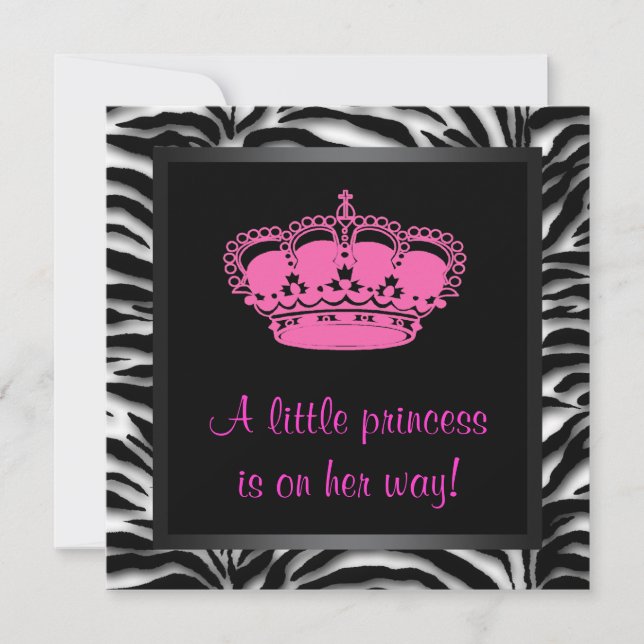 Princess Crown Hot Pink Zebra Baby Girl Dusche Einladung (Vorderseite)