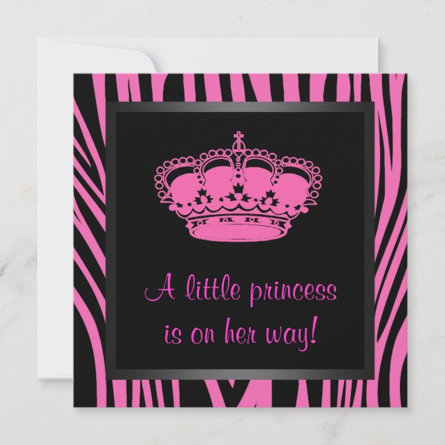 Princess Crown Hot Pink Zebra Baby Girl Dusche Einladung (Vorderseite)
