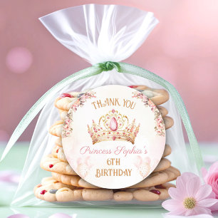 Princess Crown Pink Floral Girl Birthday Gefallen Runder Aufkleber