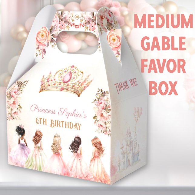 Princess Crown Pink Gold Floral Birthday Medium Geschenkschachtel (Princess medium gable favor boxes. You can choose from 3 sizes of these gable favor boxes.)