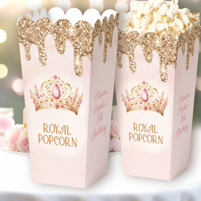 Princess Crown Pink Gold Glitzer Birthday Popcorn Geschenkschachtel (Princess Crown Pink Gold Glitter Birthday Popcorn Favor Boxes)