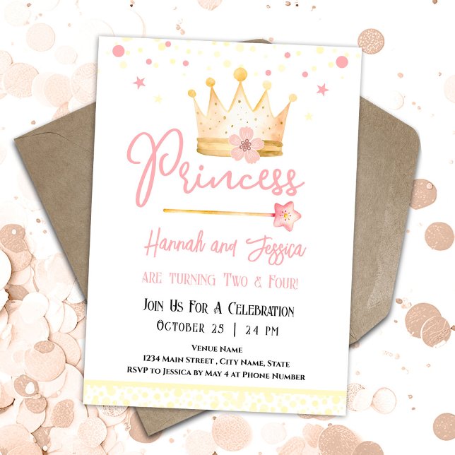 Princess Crown Pink Little Girls Doppelgeburt Einladung (Von Creator hochgeladen)