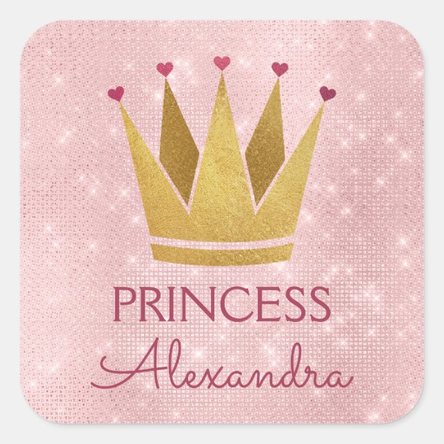 Princess Crown Rose Gold Blush Pink Sparkone Quadratischer Aufkleber (Vorderseite)