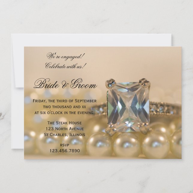 Princess Cut Diamond and Pearls Engagement Party Einladung (Vorderseite)