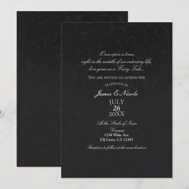 Princess Damask Black Elegant Storybook Hochzeit Einladung (Vorne/Hinten)