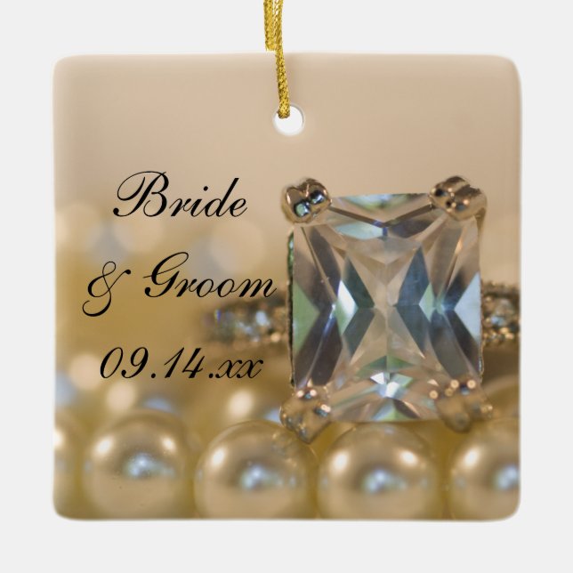 Princess Diamond Ring und Perlen Hochzeit Keramikornament (Vorderseite)