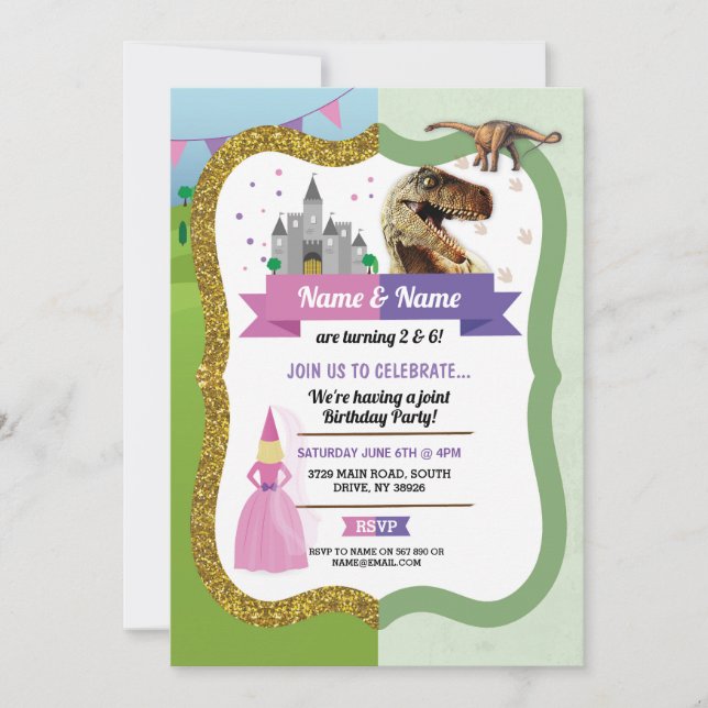 Princess & Dinosaur Boy Girl Birthday Dino Burg Einladung (Vorderseite)