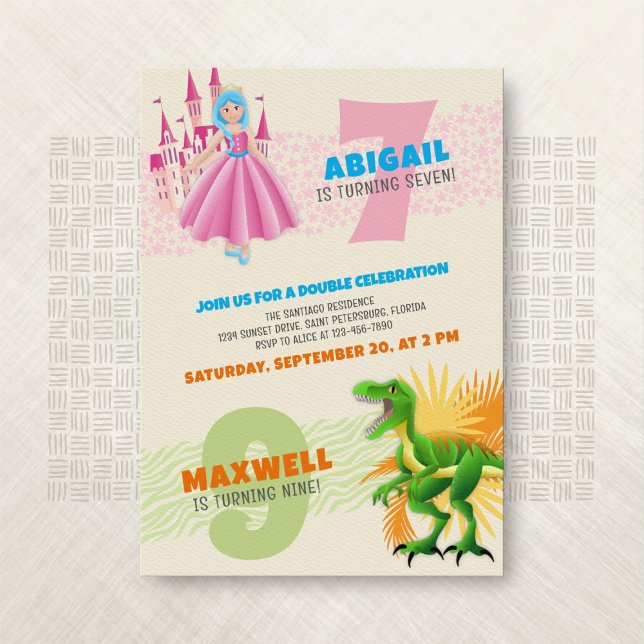 Princess Dinosaur Joint Double Birthday Einladung (Von Creator hochgeladen)
