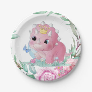 Princess Dinosaur Pink Peonies Baby Dusche Pappteller