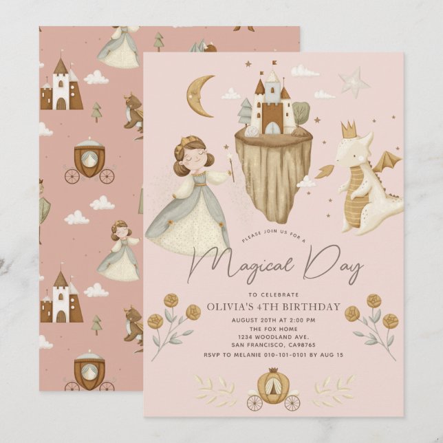 Princess & Dragon Boho Fairytale Pink Birthday Einladung (Vorne/Hinten)