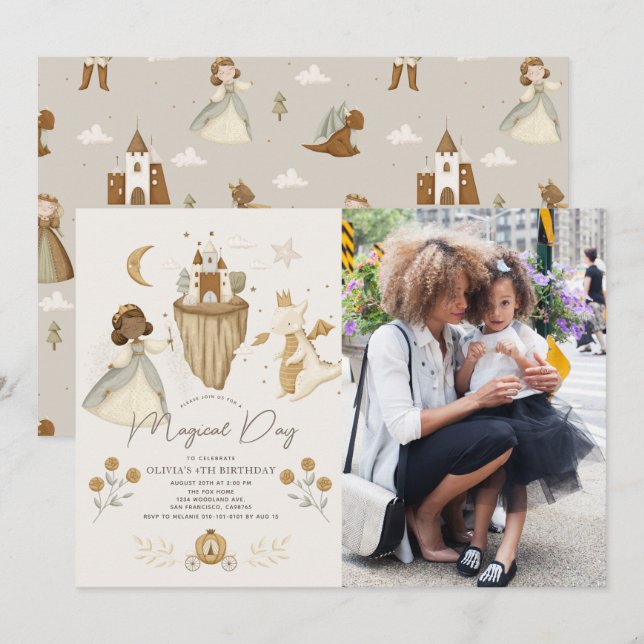 Princess Dragon Fairytale Dark Skin Birthday Foto Einladung (Vorne/Hinten)