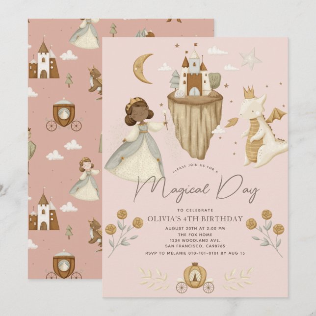 Princess Dragon Fairytale Dark Skin Pink Birthday Einladung (Vorne/Hinten)
