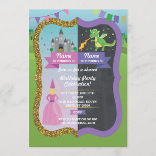 Princess & Dragon Joint Boy Girl Birthday Einladun Einladung