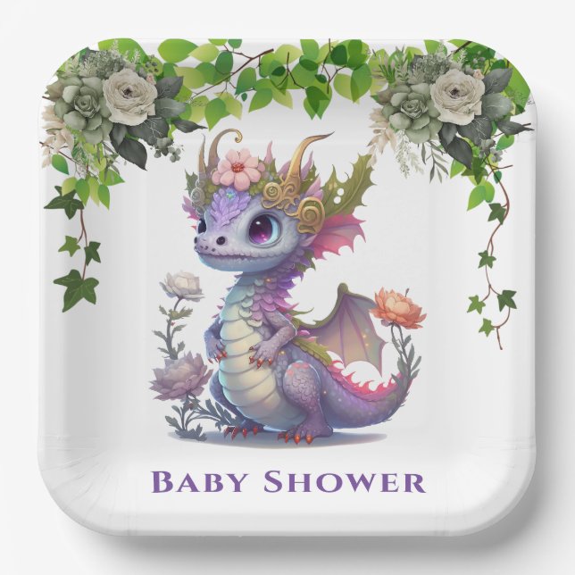 Princess Dragon mit Florals Girl Baby Dusche Pappteller (Vorderseite)