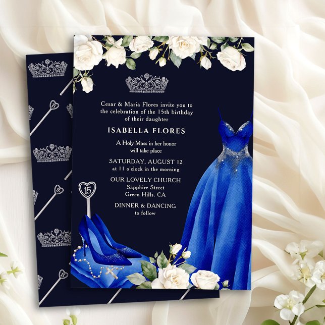 Princess Dress and Rose Blue Quinceanera Einladung (Quinceanera + Mass Invite from the Princess Dress and Roses Quinceanera collection by Darling & May)