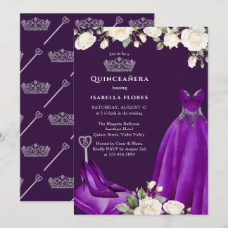 Princess Dress and Rose Lila Quinceanera Einladung