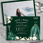 Princess Dress and White Roses Emerald Green Foto Save The Date<br><div class="desc">Elegante smaragdgrüne Quinceanera Save the Date Einladung mit individuellem Foto, grünem Prinzessenkleid und weißen Rosen. Das Design ist komplett mit High Heel Schuhen, Tiara und Skepter und hat eine Farbpalette von smaragdgrün, dunkelwaldgrün, Silber und cremig weiß. Die Save the Date für Ihre 15-jährige Geburtstagsfeier ist elegant und feminin. Eine Koordination...</div>