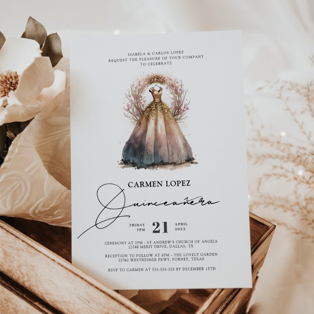 Princess Dress Watercolor Elegante Quinceanera Einladung (Von Creator hochgeladen)