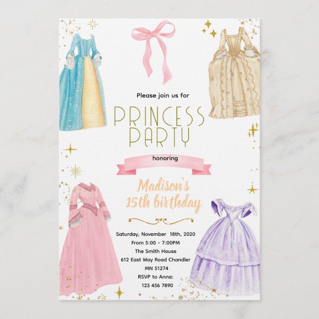 Princess Dresses Birthday Invitation (Devant)