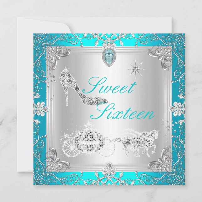 Princess Elegant Diamond Aquamarin Sweet 16 16 2 Einladung (Vorderseite)
