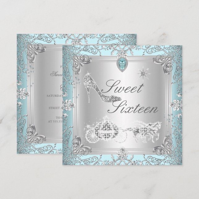 Princess Elegant Diamond Blue Sweet 16 Sechzehn Einladung (Vorne/Hinten)