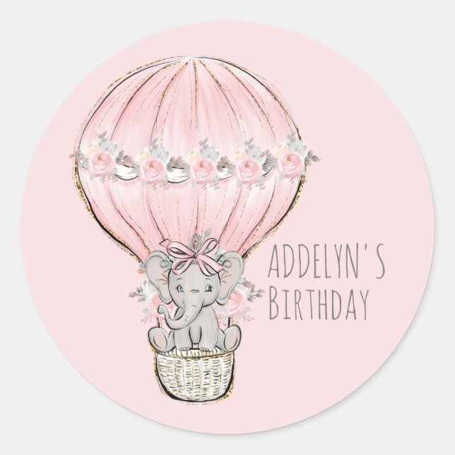 Princess Elephant Balloon Girls Geburtsname Runder Aufkleber (Vorderseite)