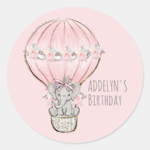 Princess Elephant Balloon Girls Geburtsname Runder Aufkleber