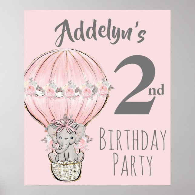 Princess Elephant Balloon Pink Grau 2. Geburtstag Poster (Vorne)