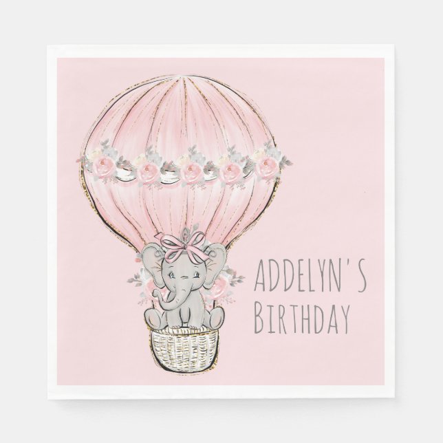 Princess Elephant Hot Air Ballon Girl's Birthday Serviette (Vorderseite)