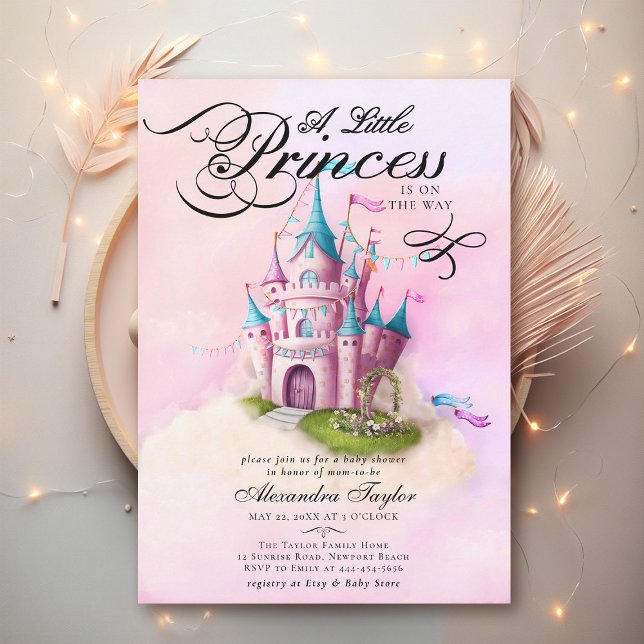 Princess Fairytale Castle Pink Baby Dusche Einladung (princess baby shower invitation pink fairytale enchanted magical castle watercolor cute modern)