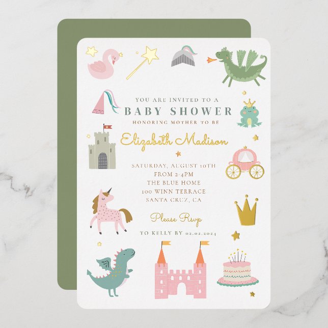 Princess fairytale unicorn Kinderdusche Folieneinladung (Vorderseite/Rückseite)