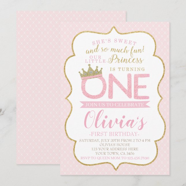 Princess First Birthday Einladung (Vorne/Hinten)