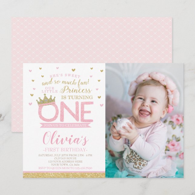 Princess First Birthday Einladung (Vorne/Hinten)