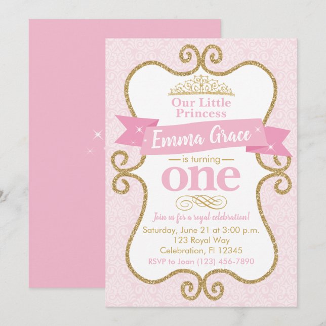 Princess First Birthday Pink and Gold Party Einladung (Vorne/Hinten)