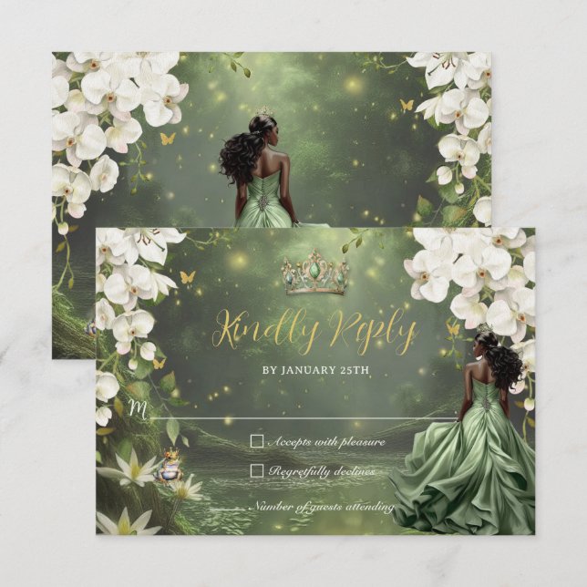 Princess & Frog Green Dress Sweet 16 Quinceañera  RSVP Karte (Vorne/Hinten)