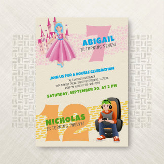 Princess Gamer Joint Double Birthday Einladung